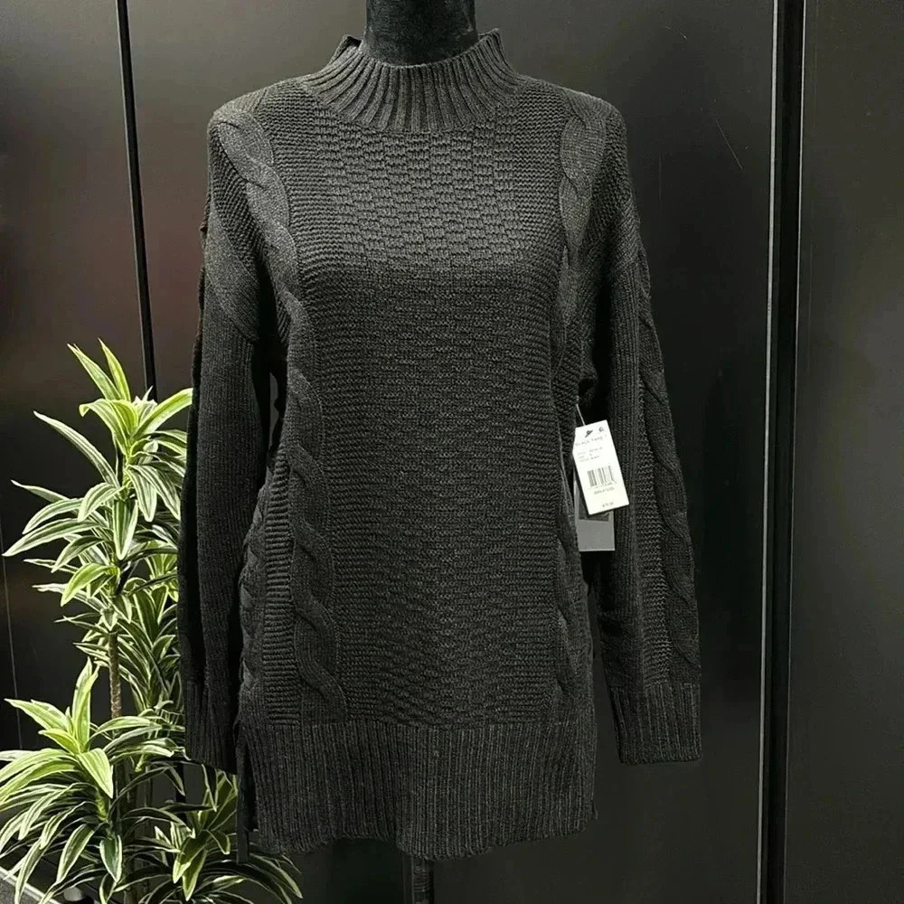 Black Tape Cable Knit long sweater,loose high neck,braided side detail,warm